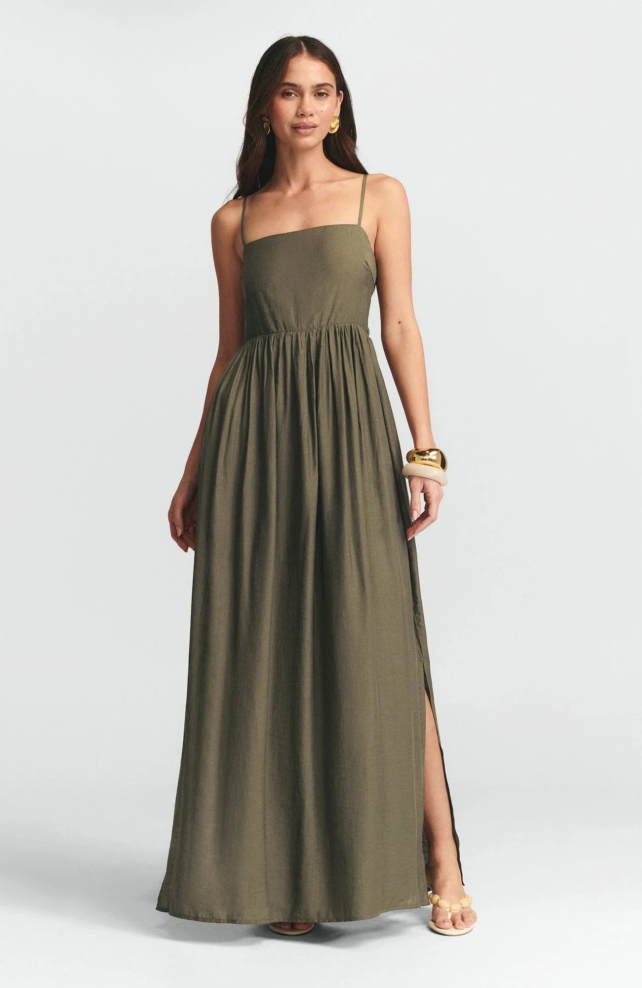 Elegant A-Line Square-Neck Spaghetti-Strap Smocked-Bodice Floor-Length Formal Prom Dresses