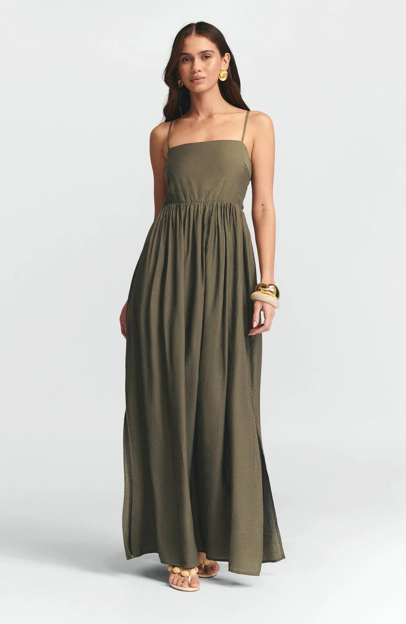Elegant A-Line Square-Neck Spaghetti-Strap Smocked-Bodice Floor-Length Formal Prom Dresses