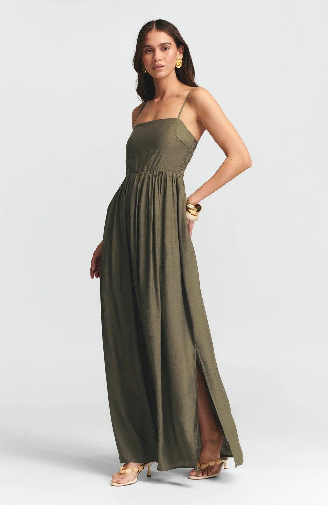 Elegant A-Line Square-Neck Spaghetti-Strap Smocked-Bodice Floor-Length Formal Prom Dresses