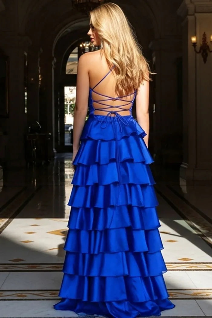 Elegant A-Line Square-Neck Spaghetti Straps Lace-Up Back Tiered Ruffle Slit Floor-Length Prom Dresses
