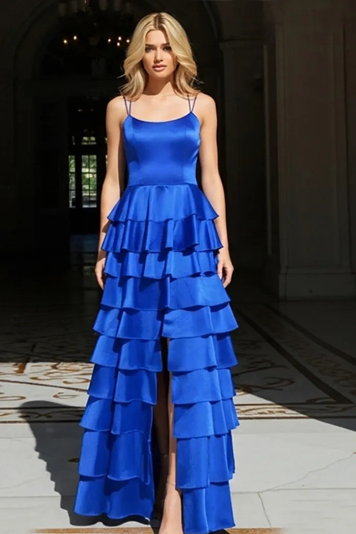 Elegant A-Line Square-Neck Spaghetti Straps Lace-Up Back Tiered Ruffle Slit Floor-Length Prom Dresses