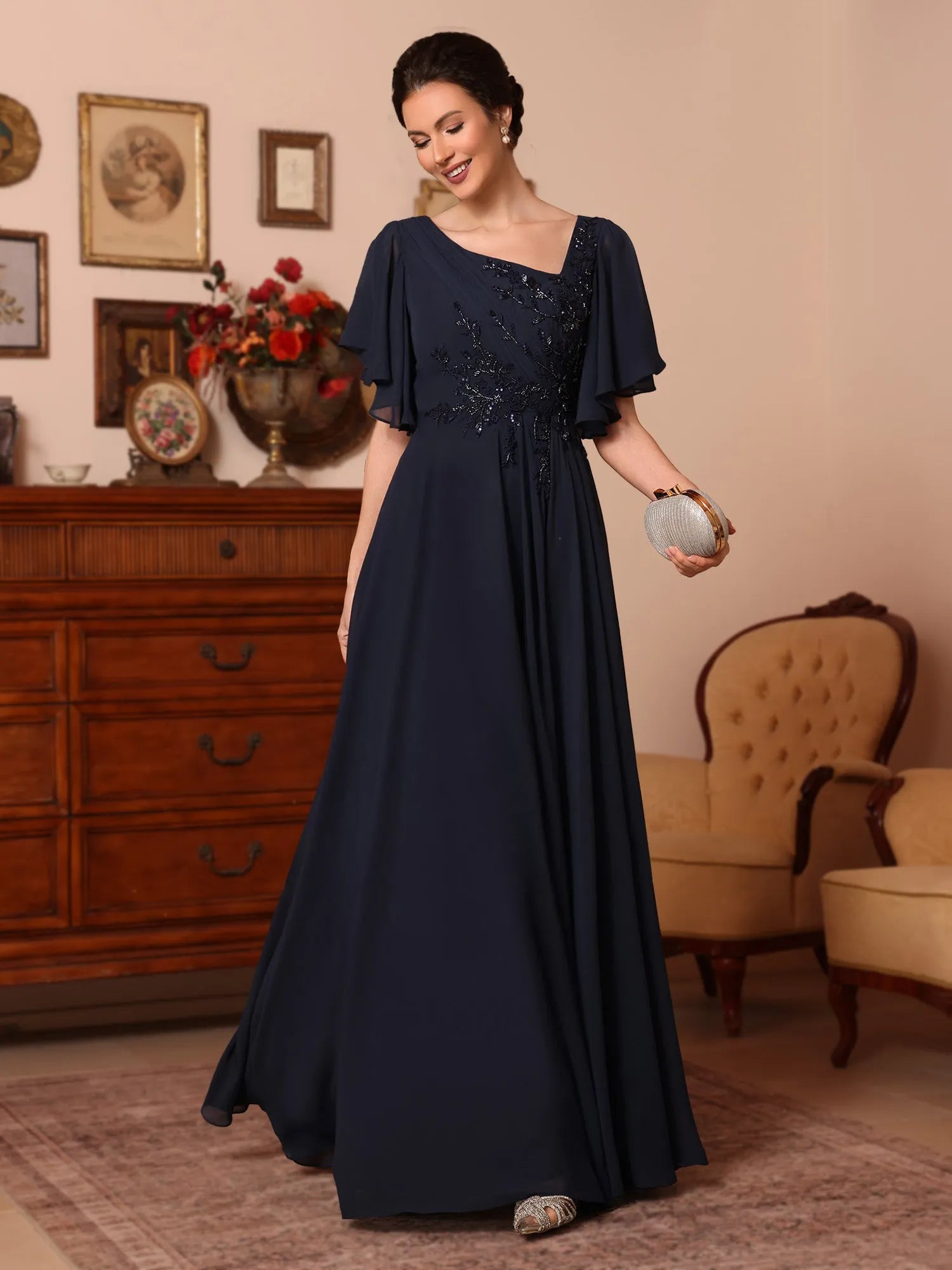 Elegant A-Line Square Neck Flounce Sleeve Beaded Back Floor-Length Mother Of The Bride Dresses