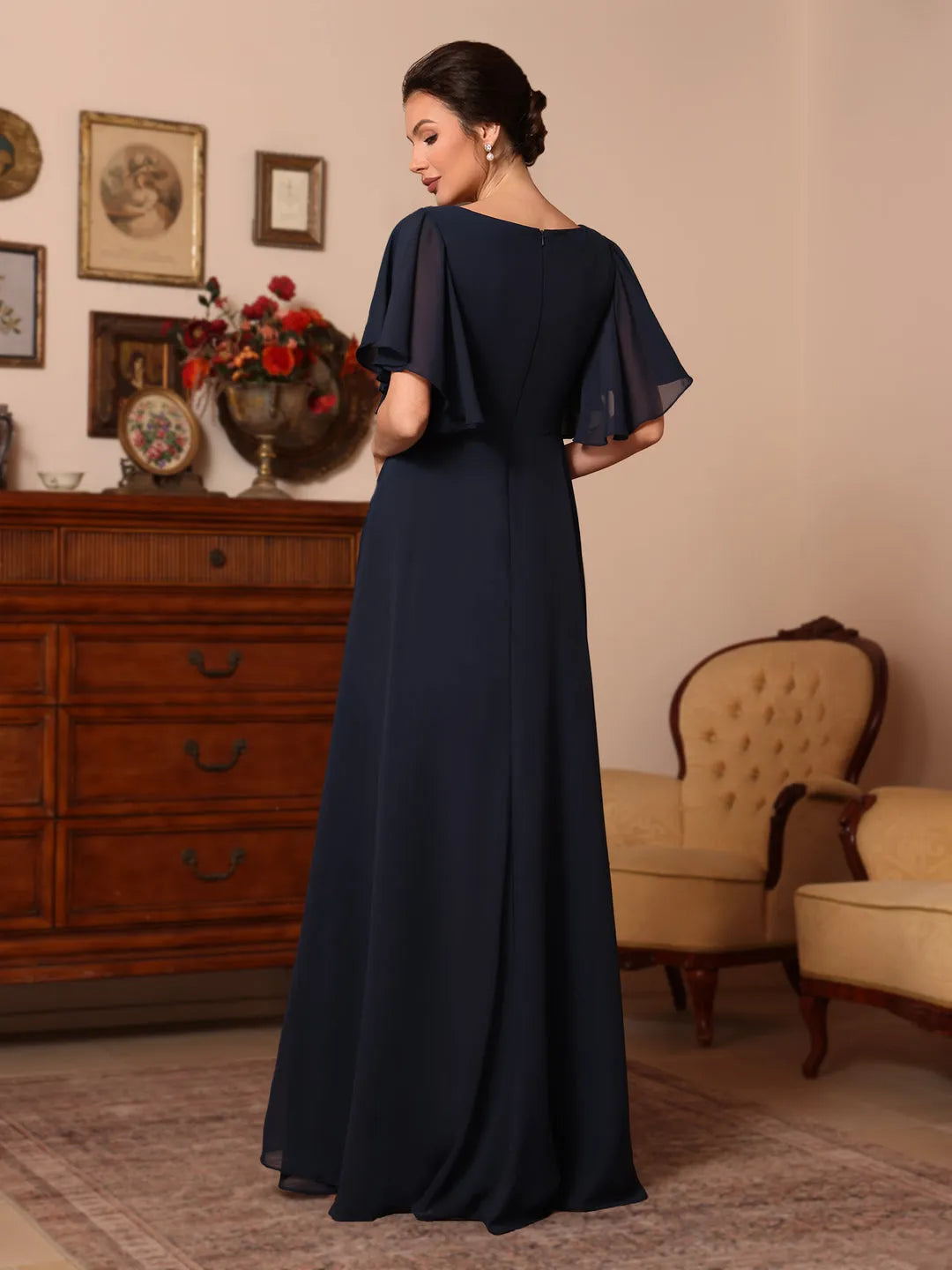 Elegant A-Line Square Neck Flounce Sleeve Beaded Back Floor-Length Mother Of The Bride Dresses