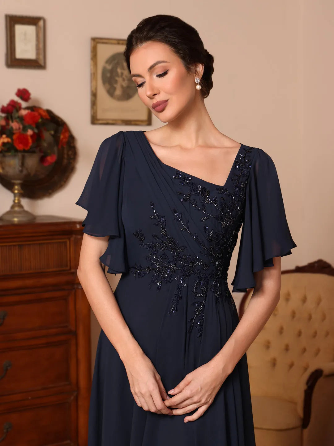 Elegant A-Line Square Neck Flounce Sleeve Beaded Back Floor-Length Mother Of The Bride Dresses
