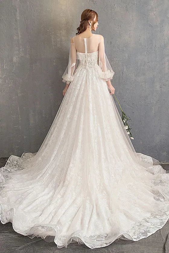Elegant A-Line Square Neck Puff Sleeve Tulle Lace Back Zip Floor-Length Wedding Dress for bride hot sale