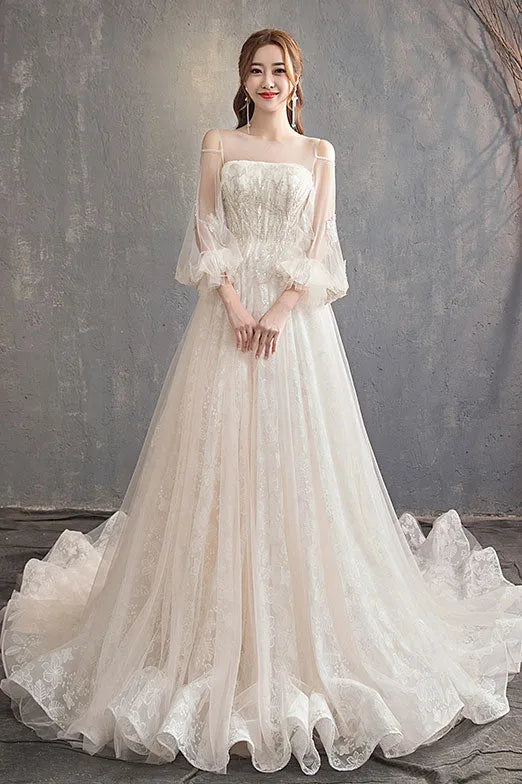 Elegant A-Line Square Neck Puff Sleeve Tulle Lace Back Zip Floor-Length Wedding Dress for bride hot sale