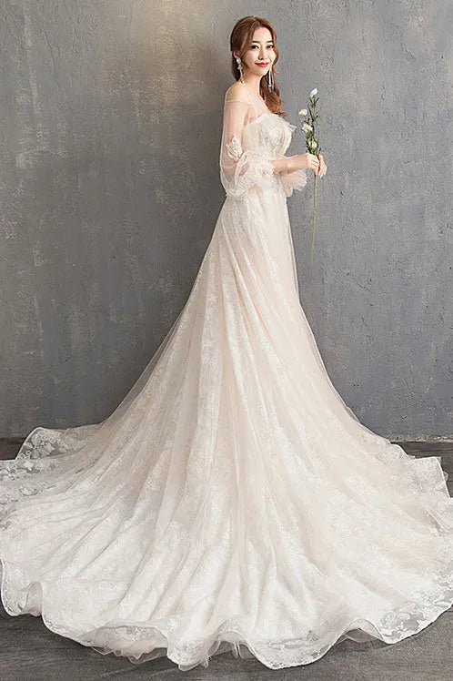 Elegant A-Line Square Neck Puff Sleeve Tulle Lace Back Zip Floor-Length Wedding Dress for bride hot sale