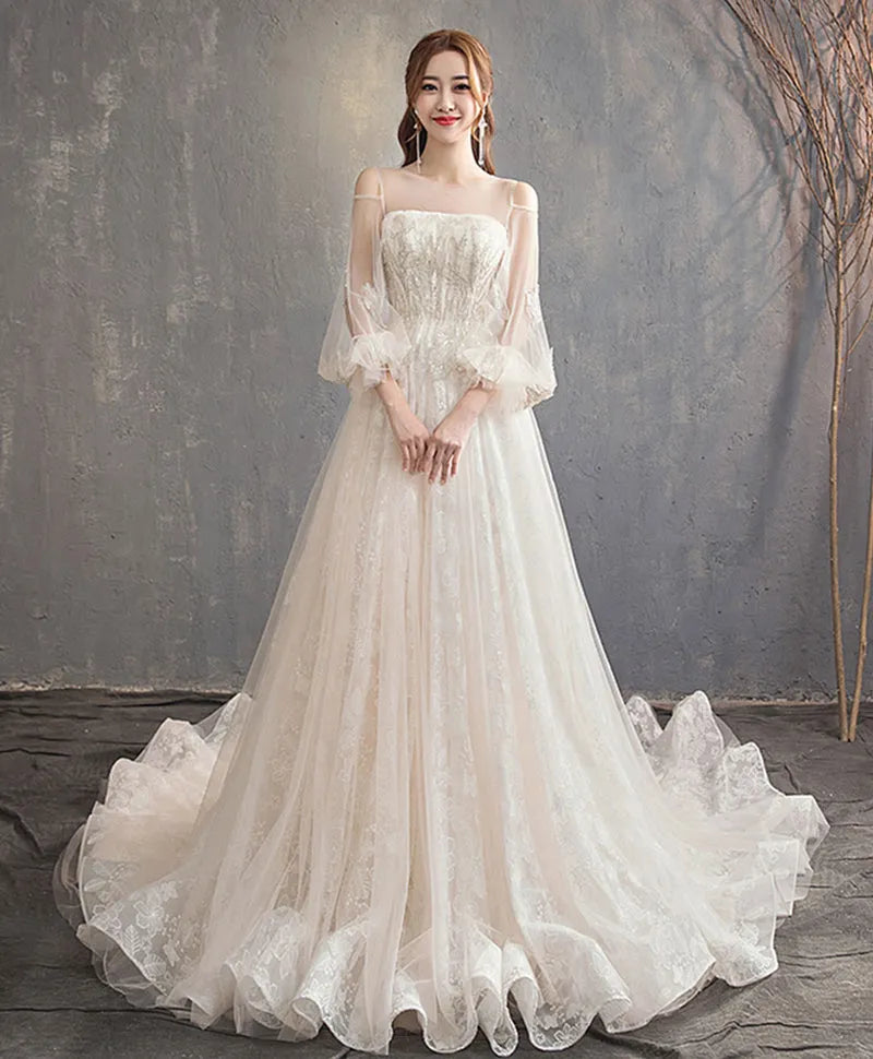 Elegant A-Line Square Neck Puff Sleeve Tulle Lace Back Zip Floor-Length Wedding Dress for bride hot sale