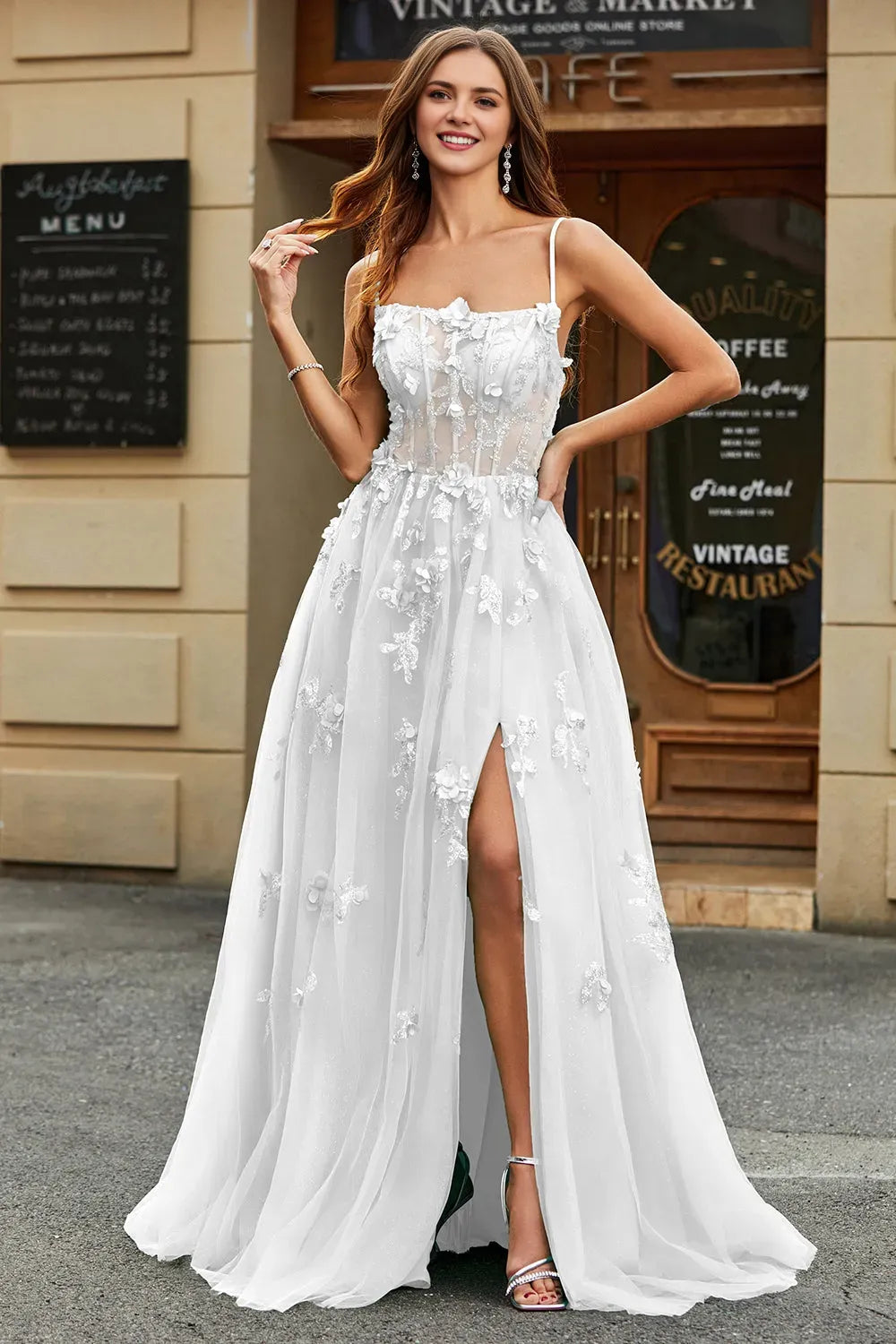 Elegant A-Line Square Neck Sleeveless Corset Lace Up Floor -Length Side Slit Prom Dress with Appliques