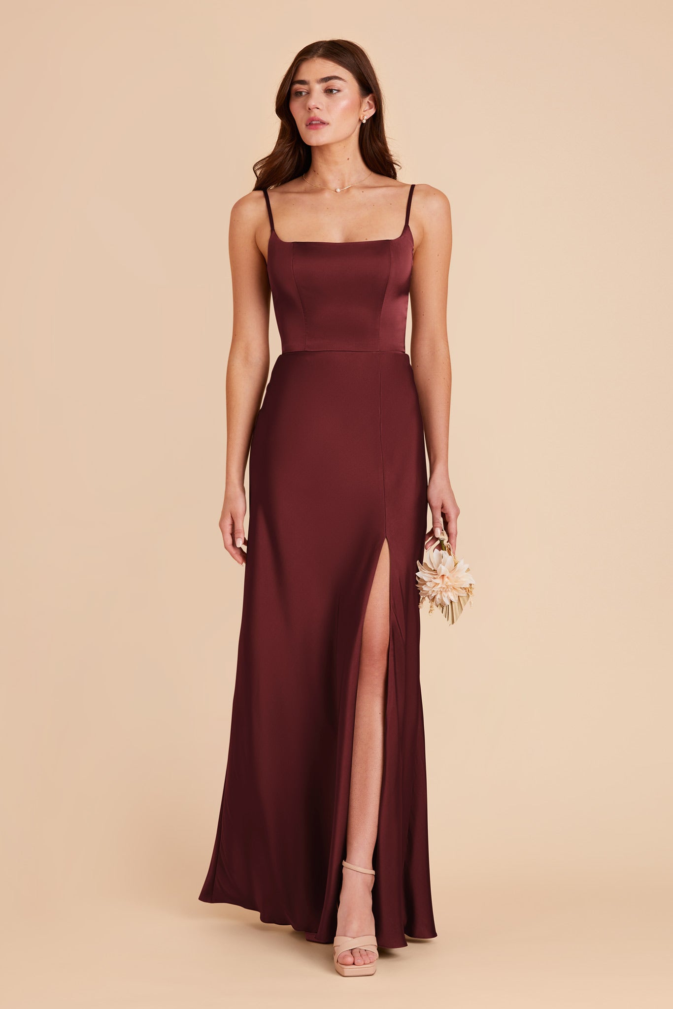 Elegant A-Line Square Neck Spaghetti-Strap Open-Back Back Zip Side Leg Slit Prom Dresses