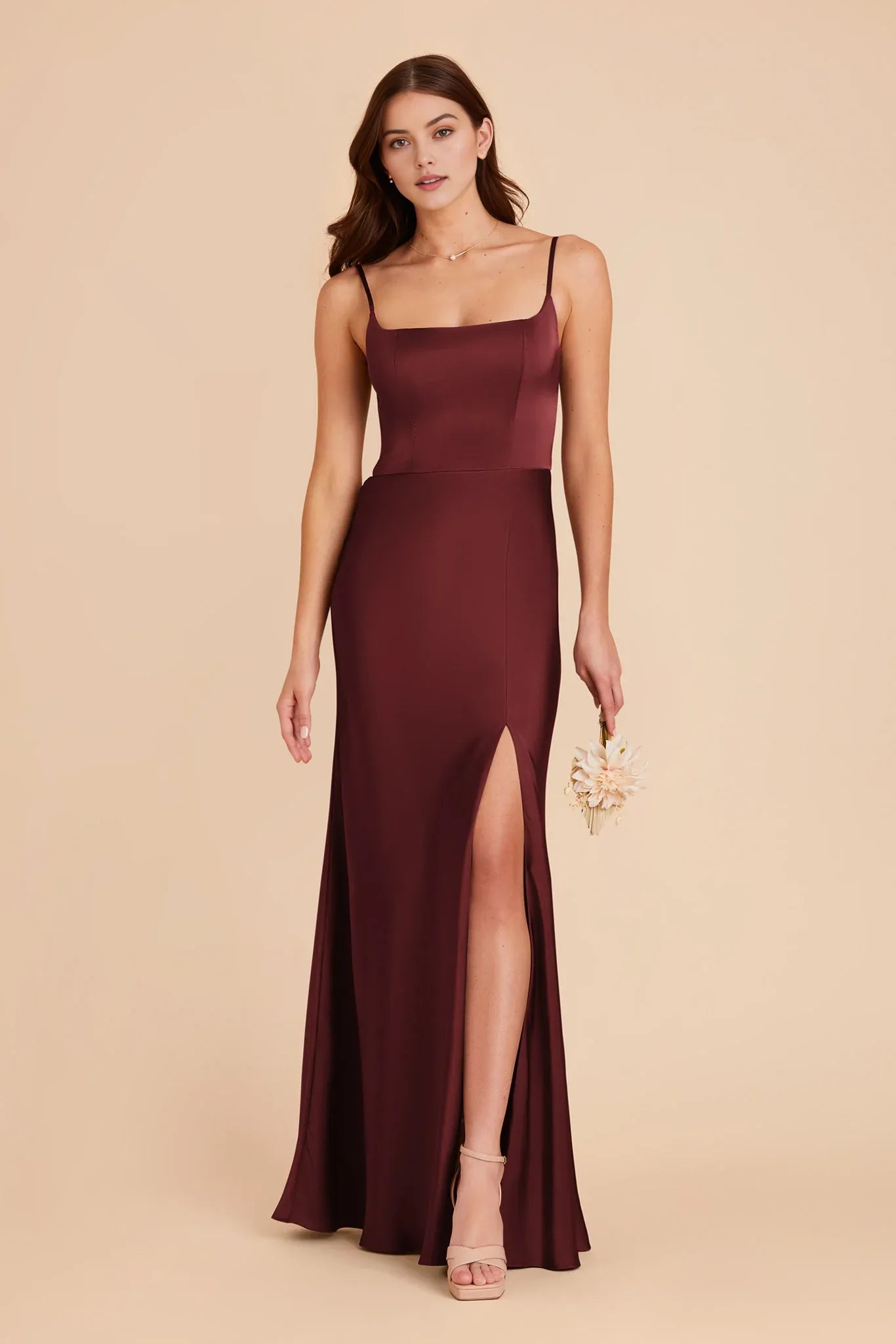 Elegant A-Line Square Neck Spaghetti-Strap Open-Back Back Zip Side Leg Slit Prom Dresses
