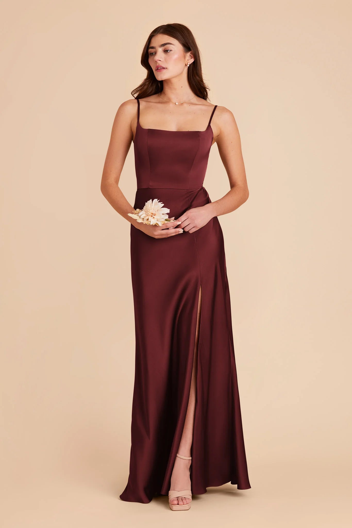 Elegant A-Line Square Neck Spaghetti-Strap Open-Back Back Zip Side Leg Slit Prom Dresses