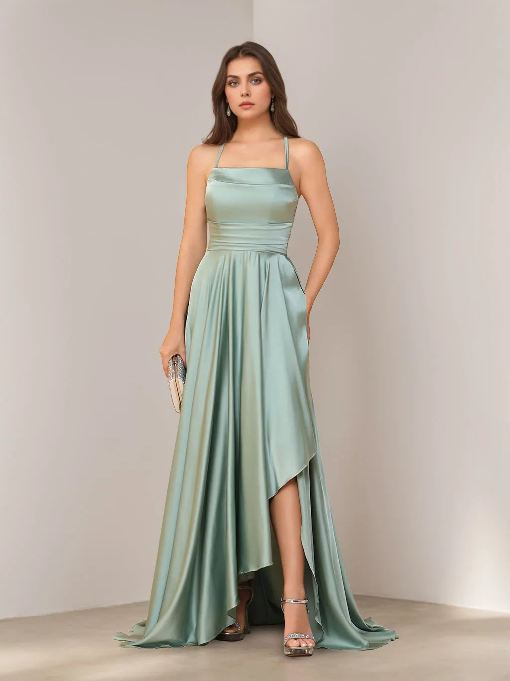 Elegant A-Line Square Neck Spaghetti Strap Lace-Up Back High-Low Bridesmaid Dresses