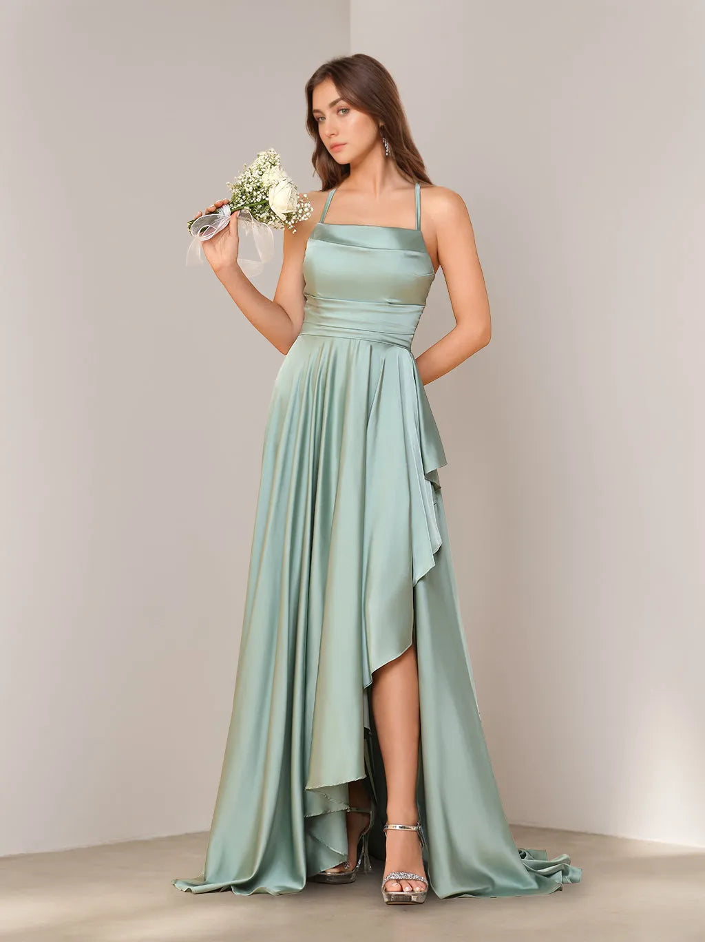 Elegant A-Line Square Neck Spaghetti Strap Lace-Up Back High-Low Bridesmaid Dresses