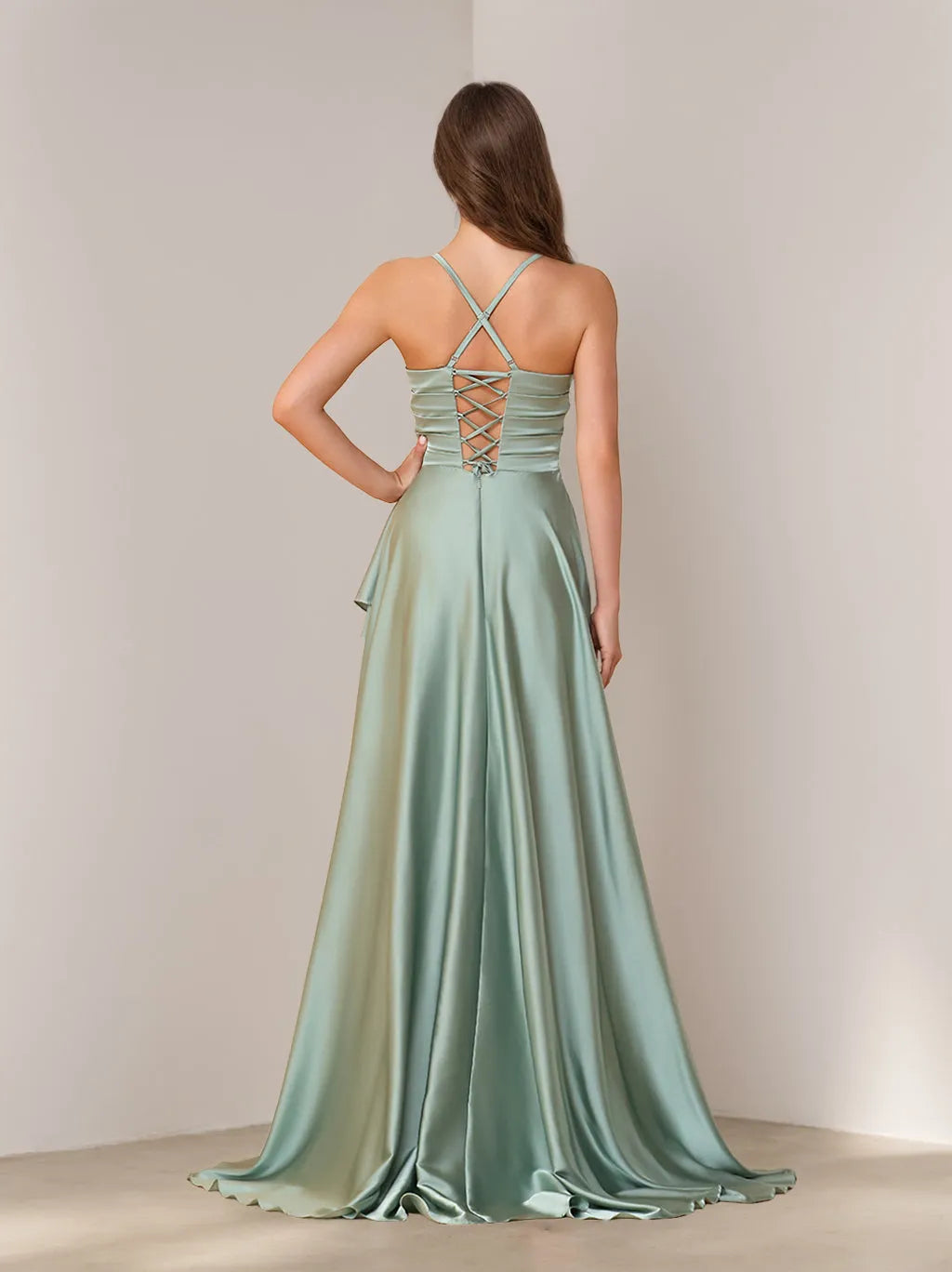 Elegant A-Line Square Neck Spaghetti Strap Lace-Up Back High-Low Bridesmaid Dresses
