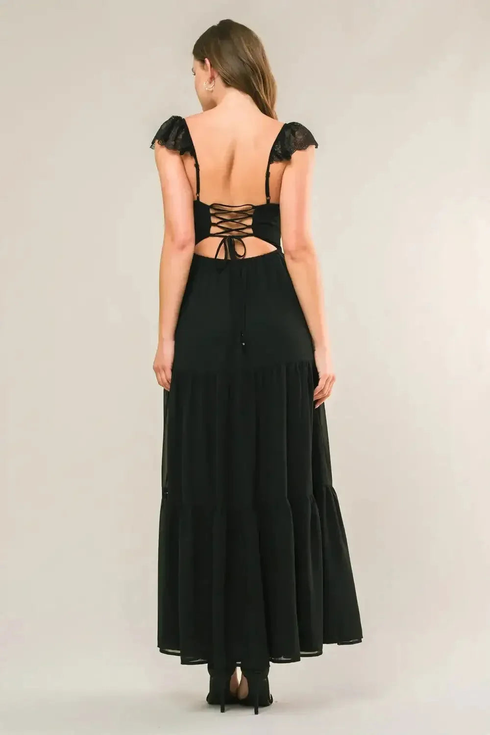 Elegant A-Line Square Neck Spaghetti Strap Lace-Up Back Ruffled Midi Formal Dresses