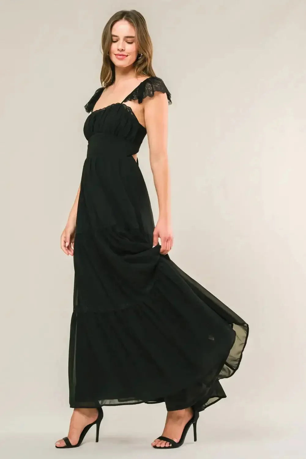 Elegant A-Line Square Neck Spaghetti Strap Lace-Up Back Ruffled Midi Formal Dresses