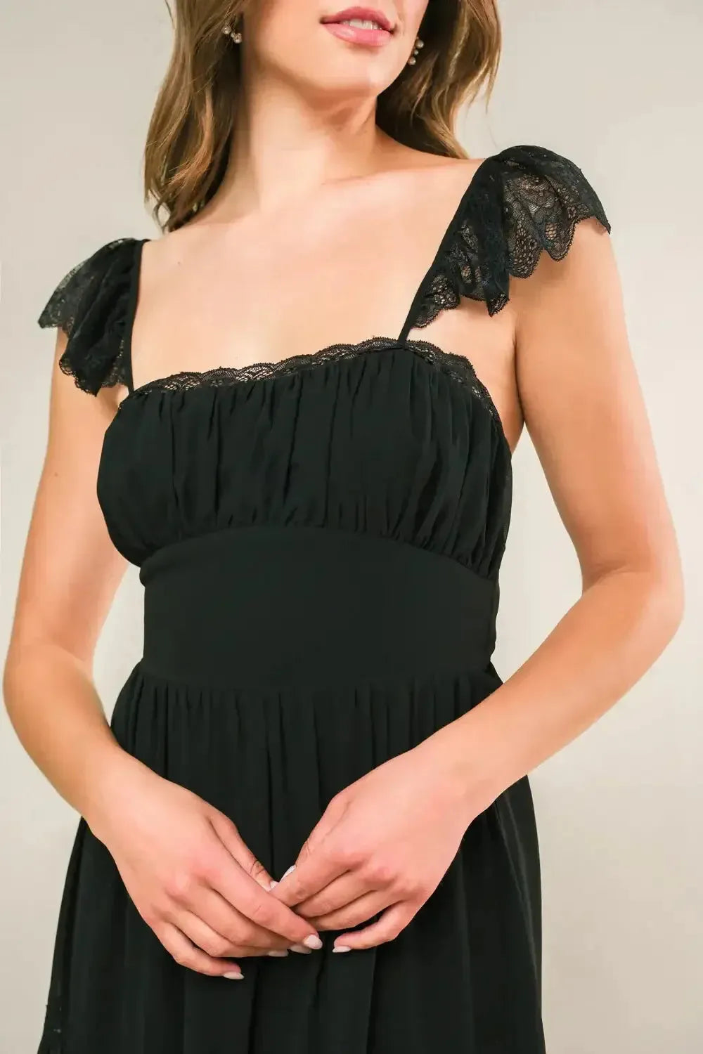 Elegant A-Line Square Neck Spaghetti Strap Lace-Up Back Ruffled Midi Formal Dresses