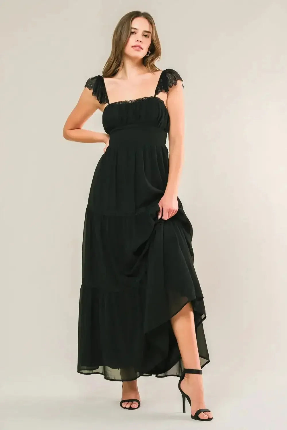 Elegant A-Line Square Neck Spaghetti Strap Lace-Up Back Ruffled Midi Formal Dresses