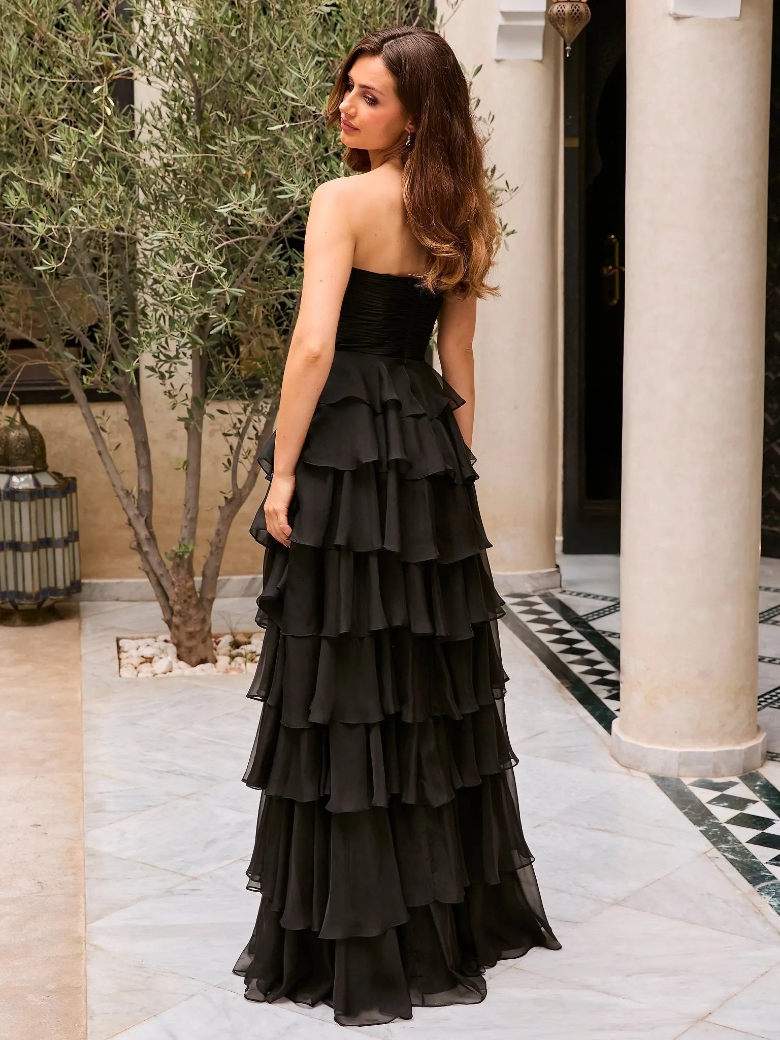 Elegant A-Line Strapless Sleeveless Tiered-Back Floor-Length Prom Dress