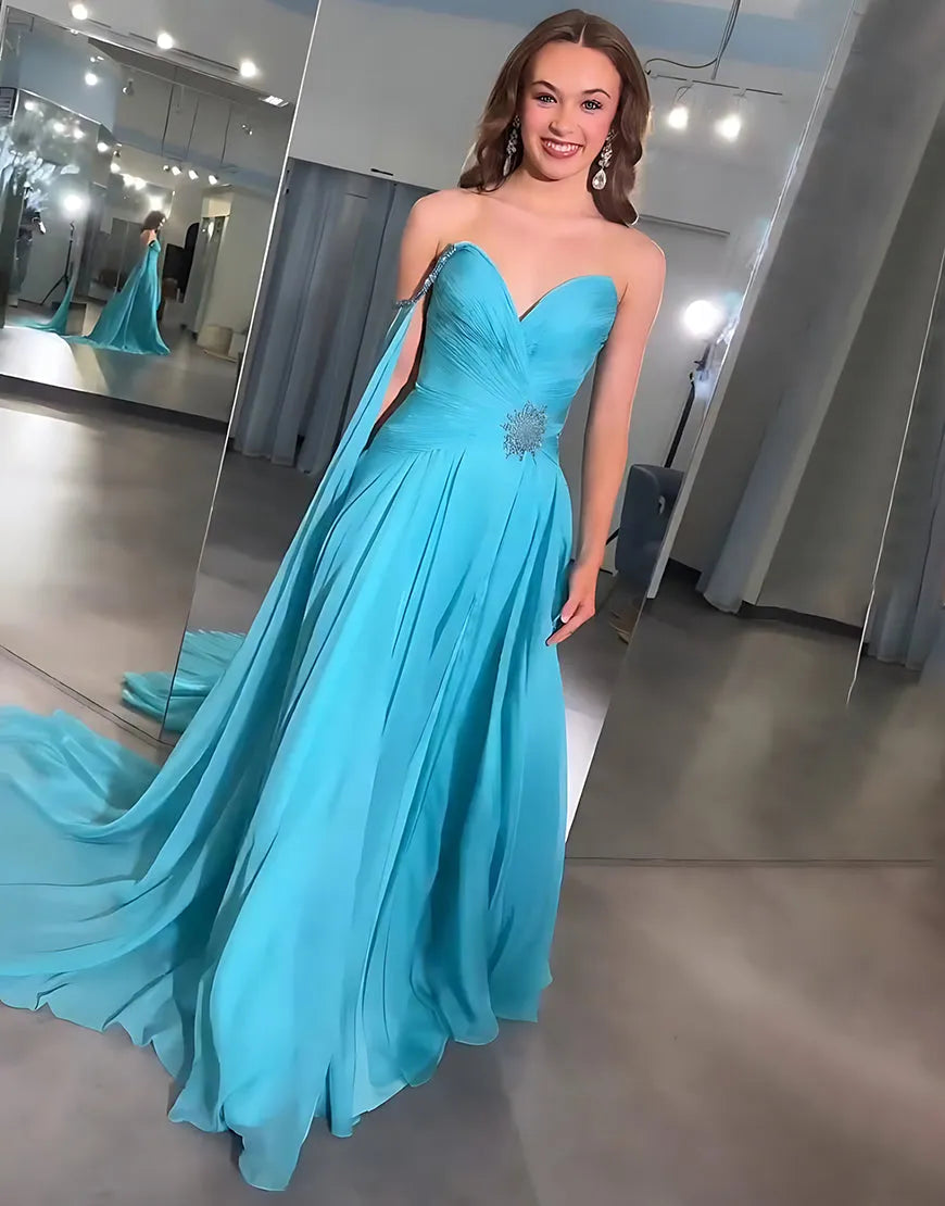 Elegant A-Line Sweetheart Beaded-Cape Floor-Length Prom Dress