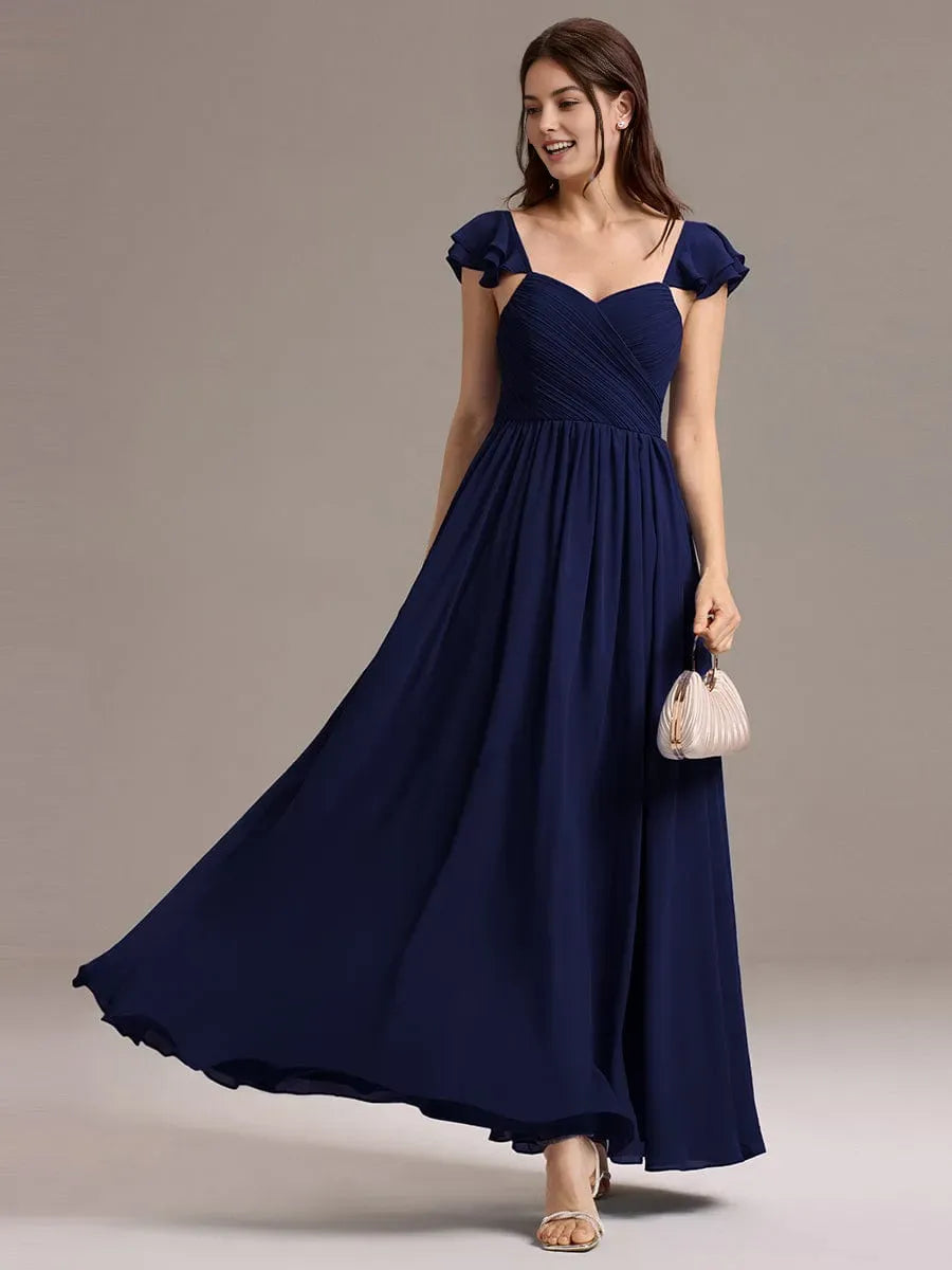 Elegant A-Line Sweetheart Neck Cap Sleeve Ruffles Chiffon Ankle-Length Prom Dresses with Side Slit