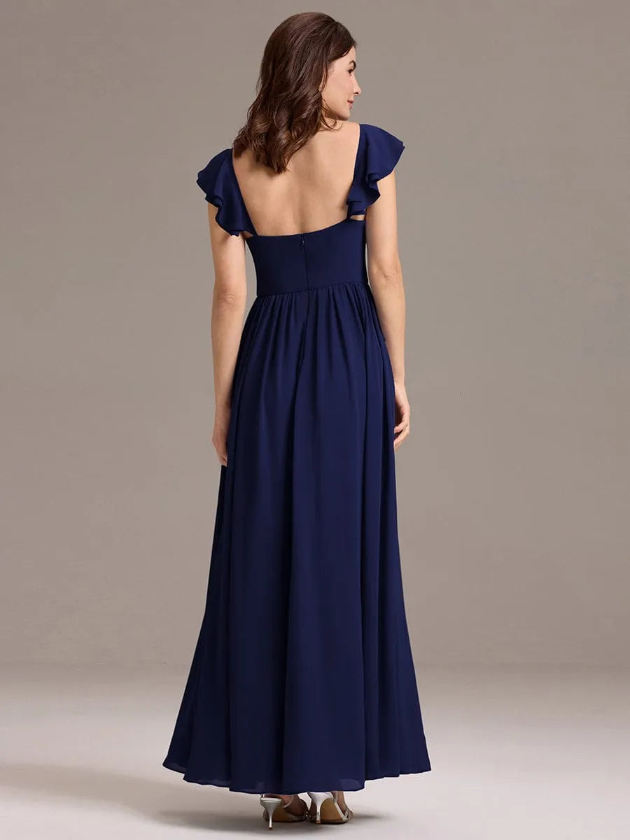Elegant A-Line Sweetheart Neck Cap Sleeve Ruffles Chiffon Ankle-Length Prom Dresses with Side Slit