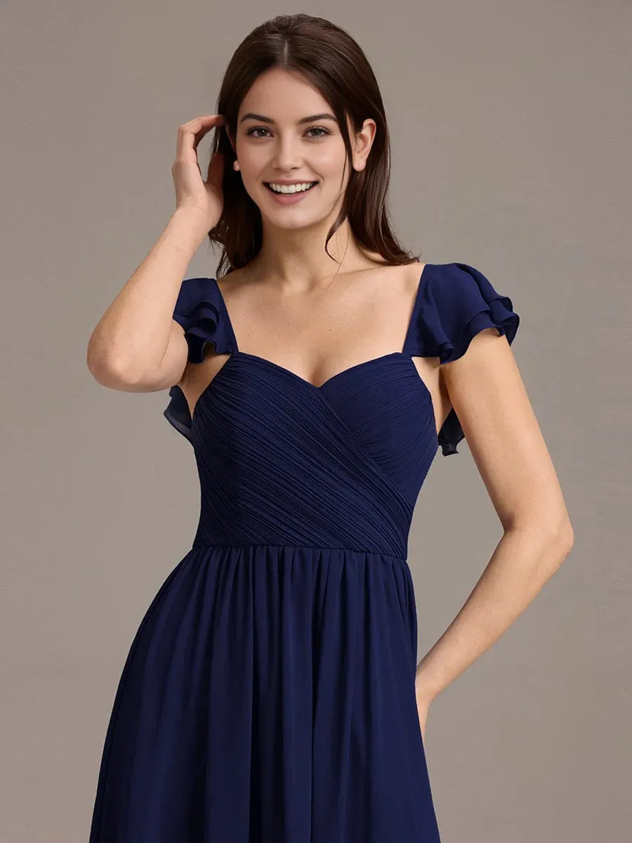 Elegant A-Line Sweetheart Neck Cap Sleeve Ruffles Chiffon Ankle-Length Prom Dresses with Side Slit