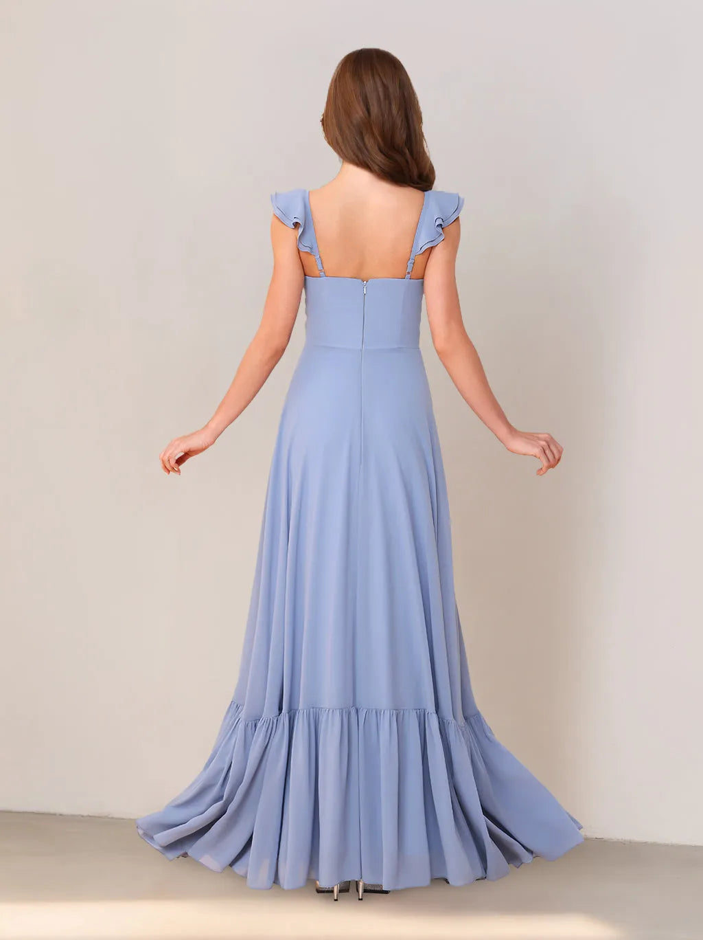 Elegant A-Line Sweetheart Neck Ruffle Strap Open Back Floor-Length Bridesmaid Dresses