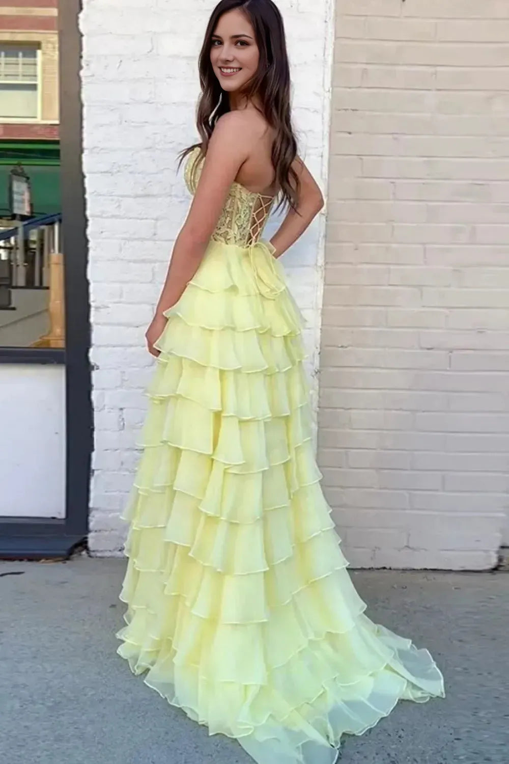 Elegant A-Line Sweetheart Strapless Sleeveless Long Lace-Up Back Floor-Length Prom Dress With Slit