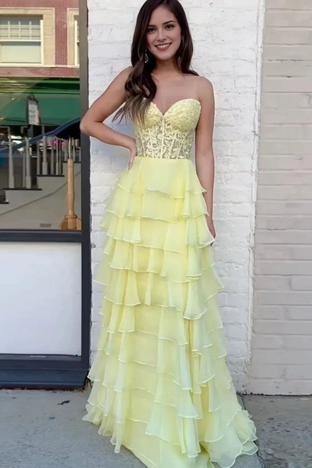 Elegant A-Line Sweetheart Strapless Sleeveless Long Lace-Up Back Floor-Length Prom Dress With Slit
