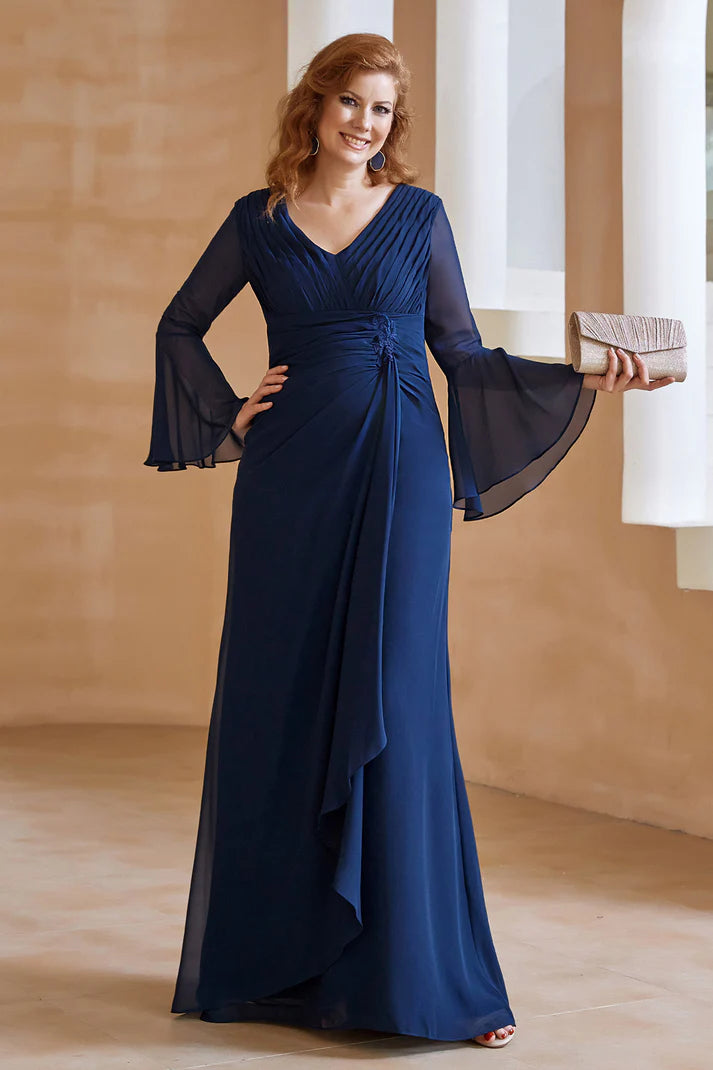 Elegant A-Line V-Neck Bell-Sleeve Zip-Back Floor-Length Mother of the Bride Dresses