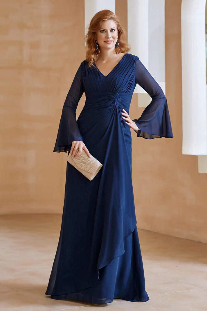 Elegant A-Line V-Neck Bell-Sleeve Zip-Back Floor-Length Mother of the Bride Dresses