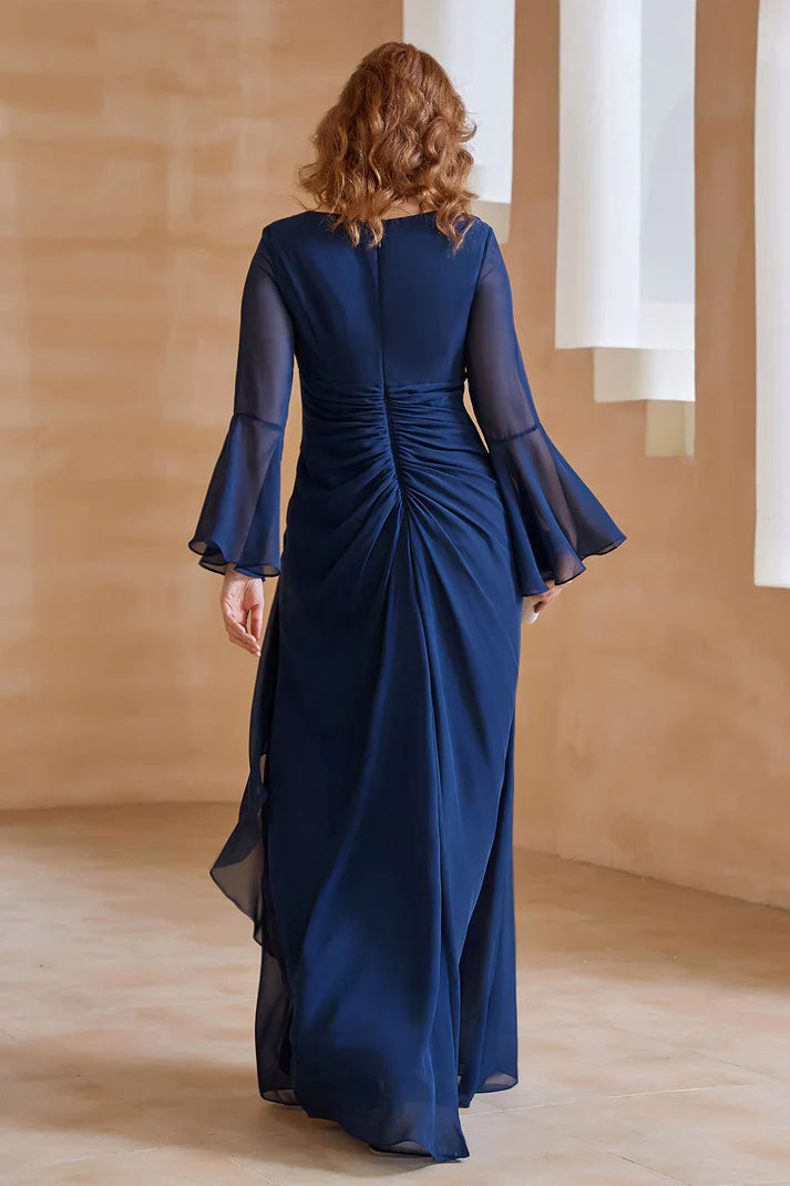 Elegant A-Line V-Neck Bell-Sleeve Zip-Back Floor-Length Mother of the Bride Dresses