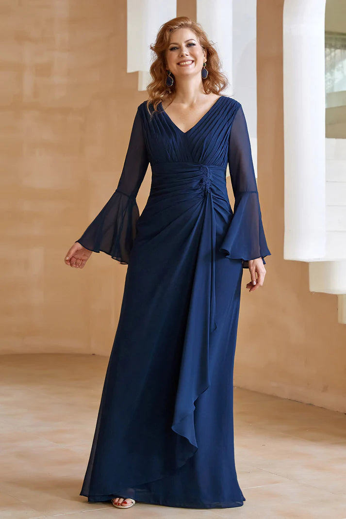 Elegant A-Line V-Neck Bell-Sleeve Zip-Back Floor-Length Mother of the Bride Dresses