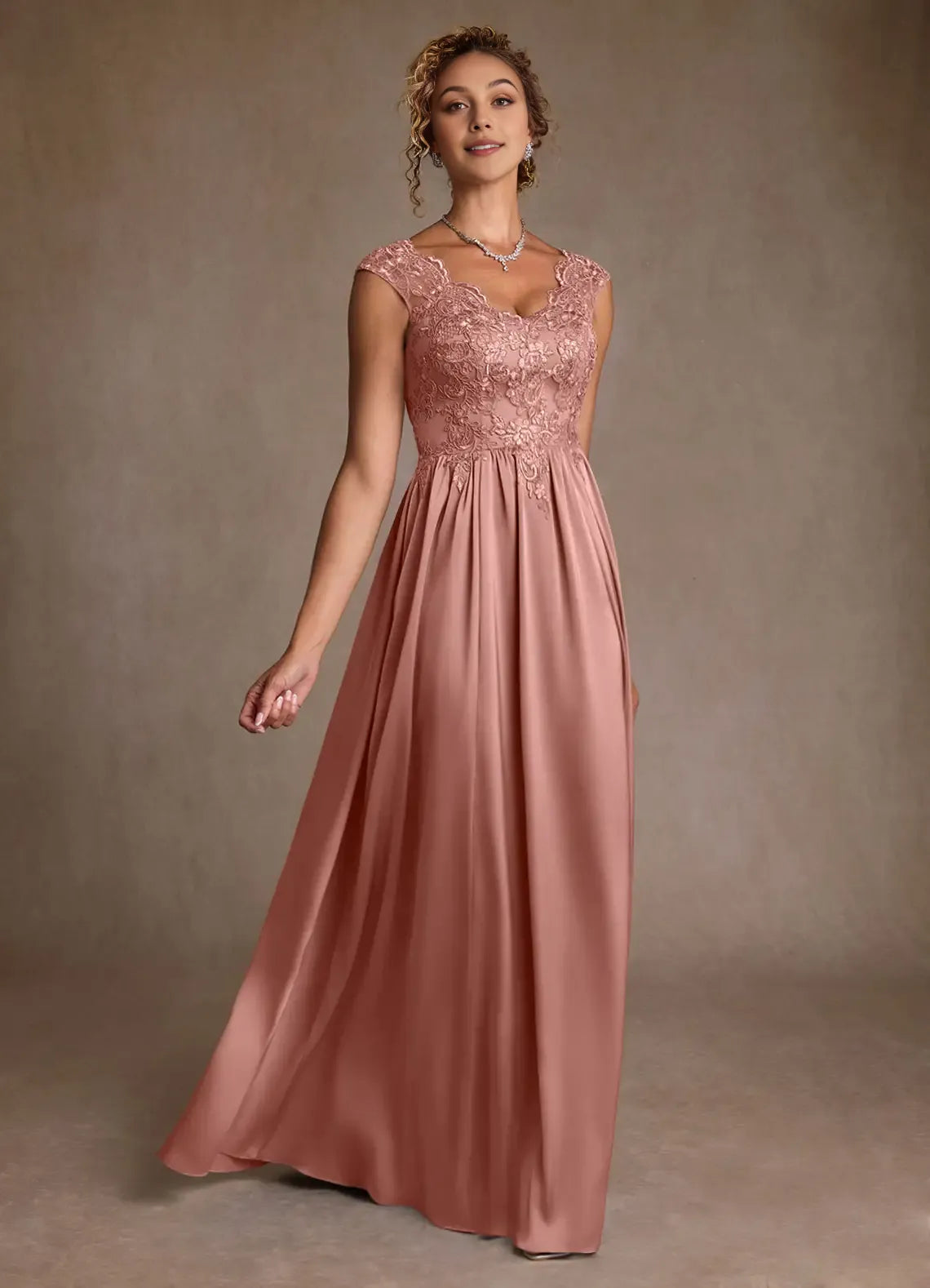 Elegant A-Line V-Neck Cap-Sleeve Lace Embellished V back Back Zip Floor-Length Mother of the Bride Dress for sale