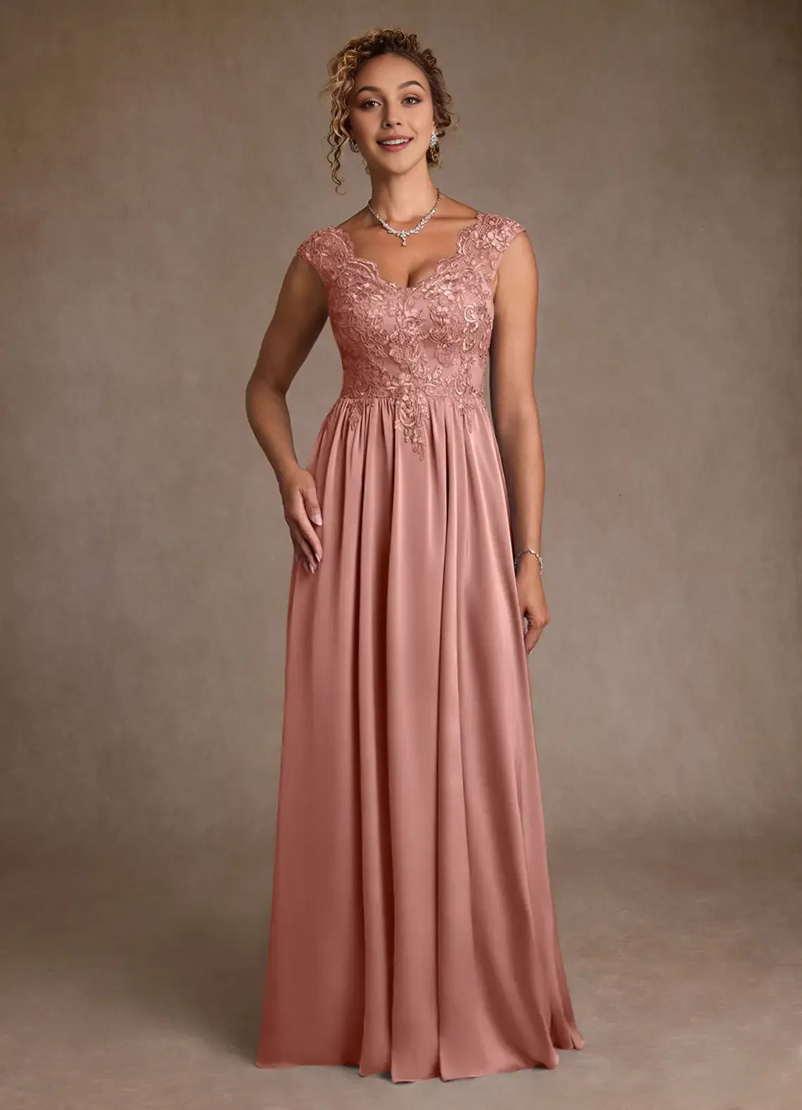 Elegant A-Line V-Neck Cap-Sleeve Lace Embellished V back Back Zip Floor-Length Mother of the Bride Dress for sale