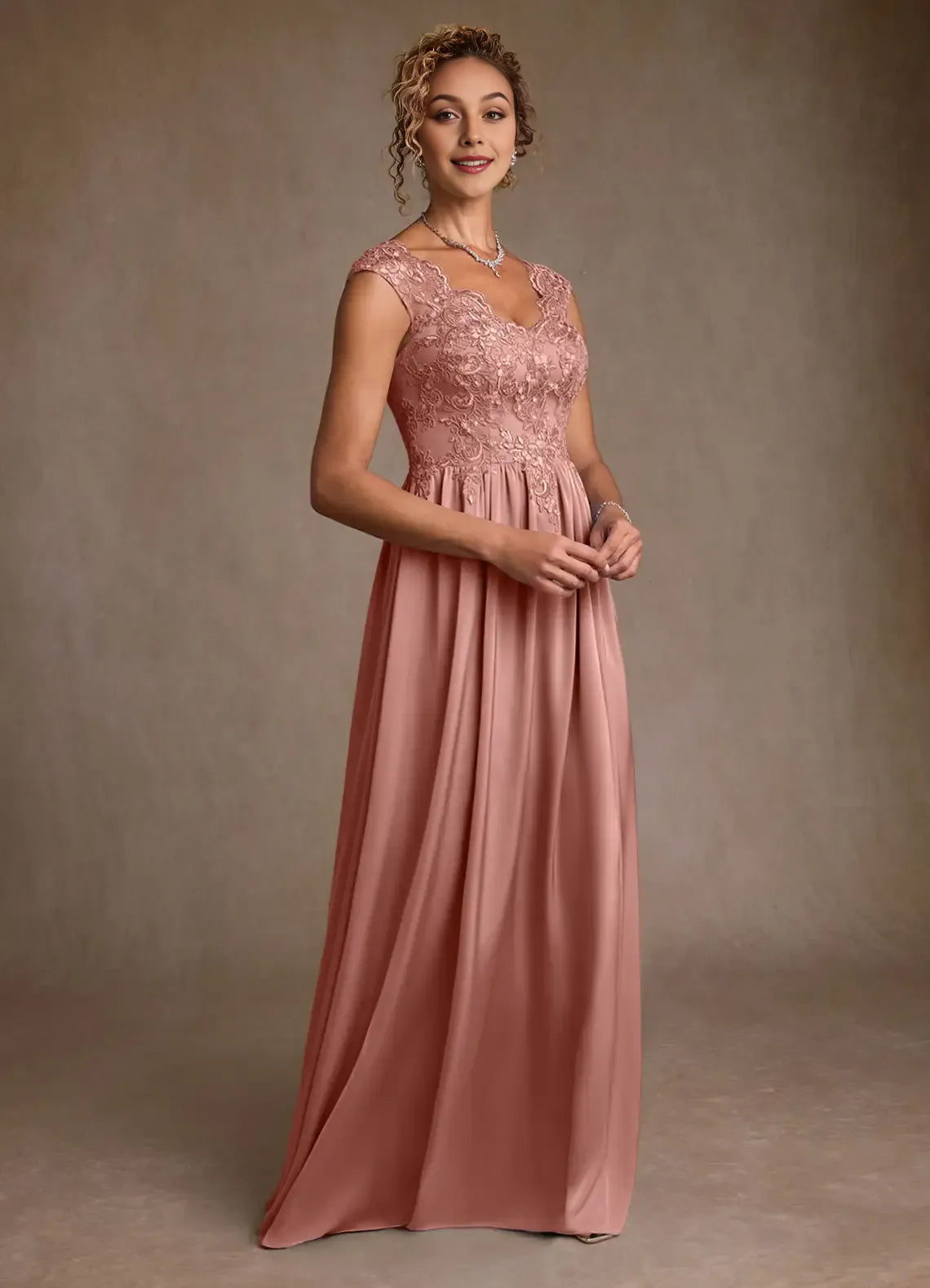 Elegant A-Line V-Neck Cap-Sleeve Lace Embellished V back Back Zip Floor-Length Mother of the Bride Dress for sale