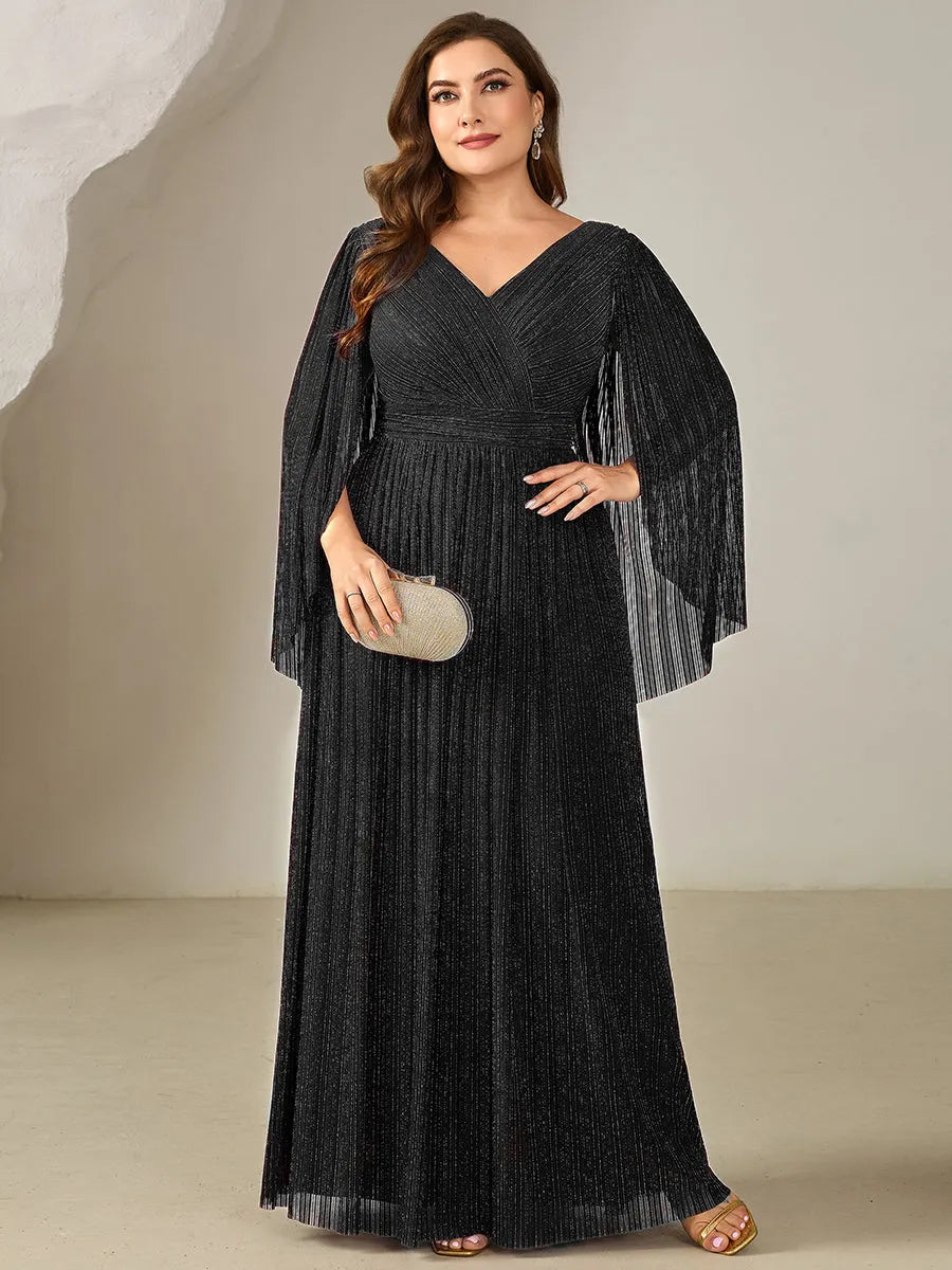 Elegant A-Line V-Neck Flared Sleeve Cut-Out Back Floor-Length Plus Size Dresses