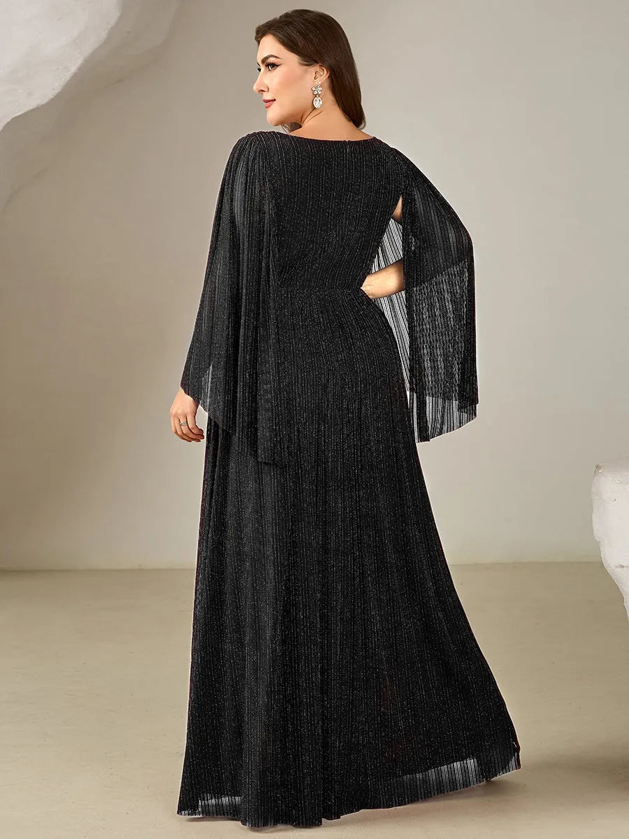 Elegant A-Line V-Neck Flared Sleeve Cut-Out Back Floor-Length Plus Size Dresses