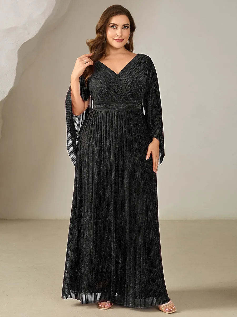 Elegant A-Line V-Neck Flared Sleeve Cut-Out Back Floor-Length Plus Size Dresses