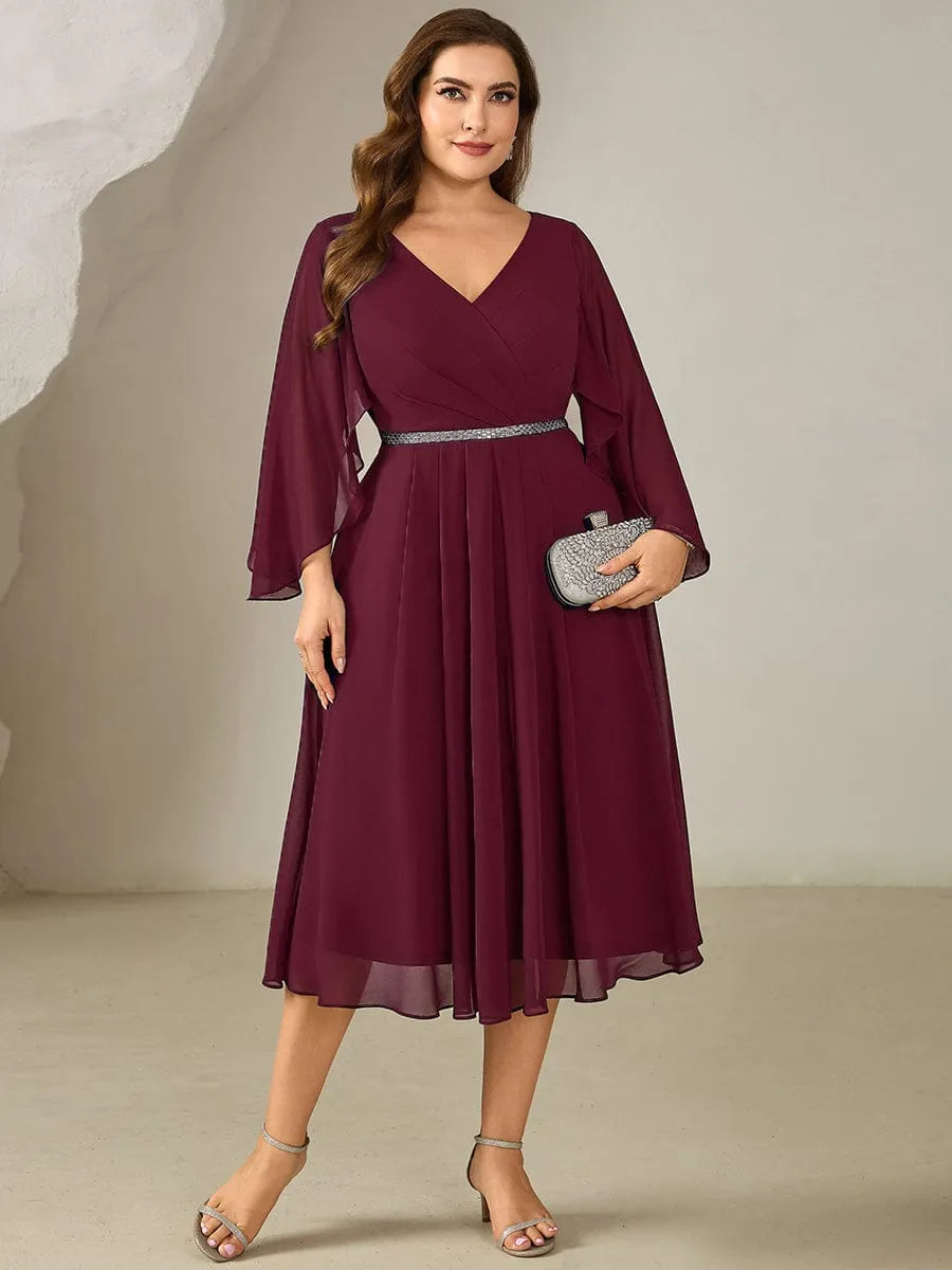 Elegant A-Line V-Neck Flared Sleeve Elastic Back Midi-Length Plus Size Dresses