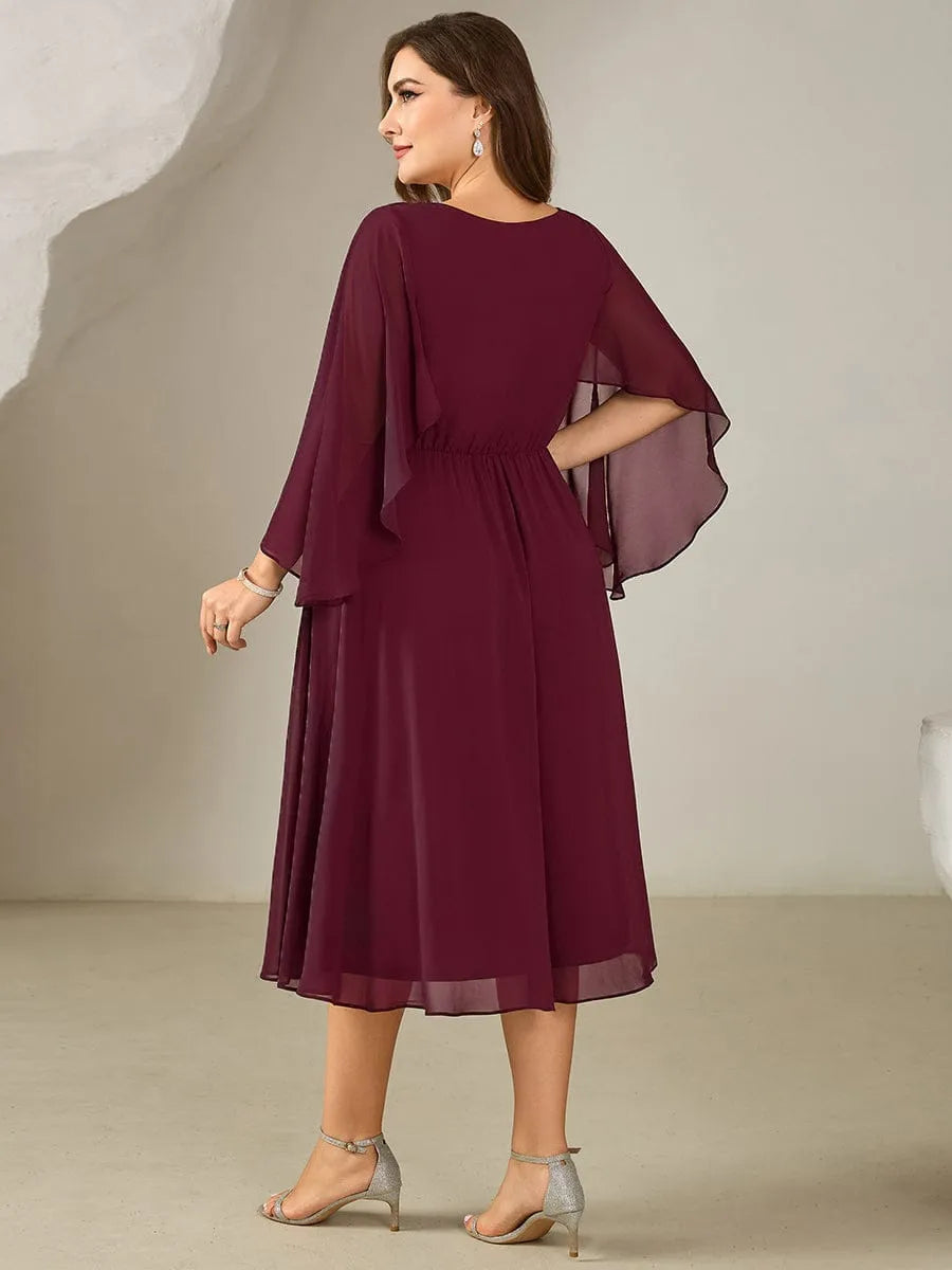 Elegant A-Line V-Neck Flared Sleeve Elastic Back Midi-Length Plus Size Dresses