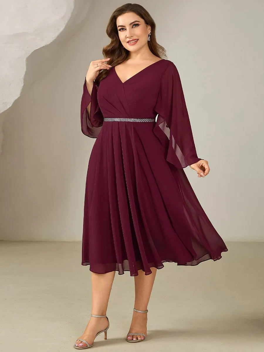 Elegant A-Line V-Neck Flared Sleeve Elastic Back Midi-Length Plus Size Dresses