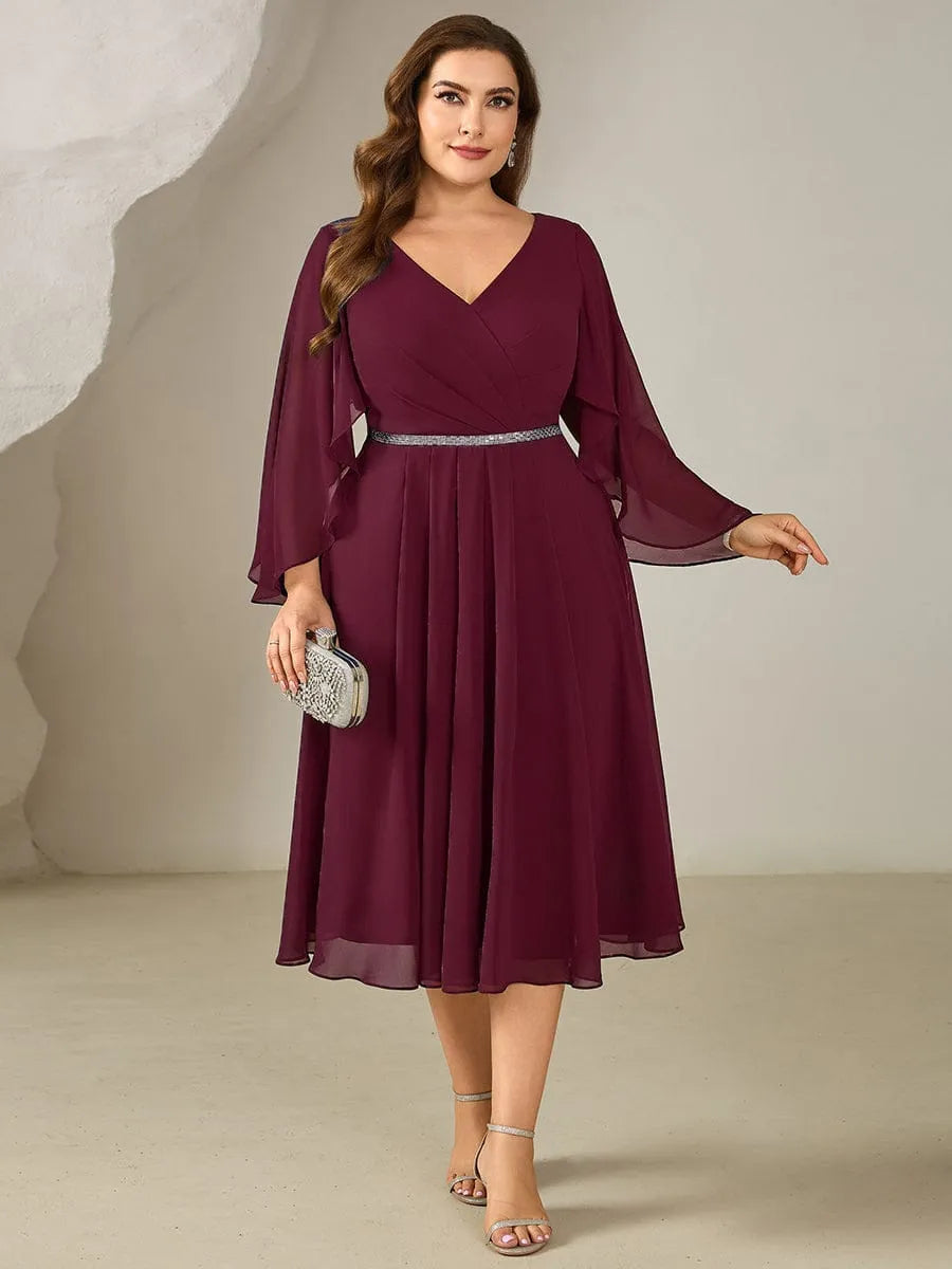Elegant A-Line V-Neck Flared Sleeve Elastic Back Midi-Length Plus Size Dresses