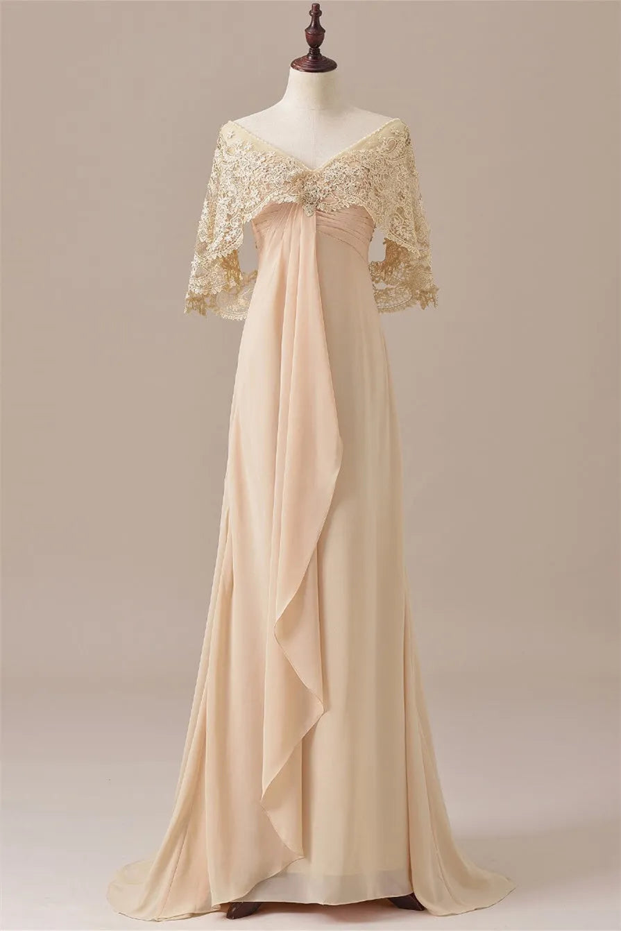 Elegant A-Line V-Neck Lace Capelet Open-Back Floor-Length Mother Of The Bride Dresses
