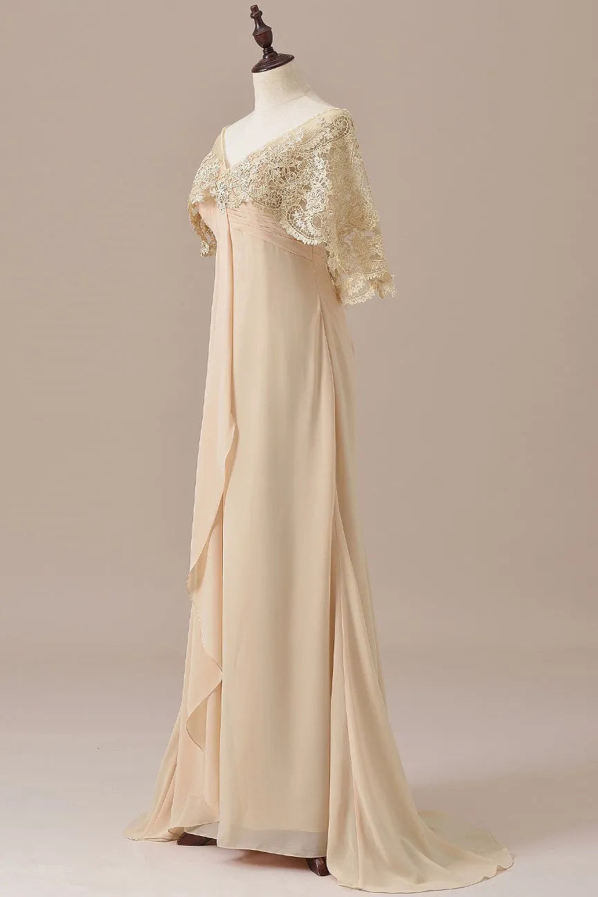 Elegant A-Line V-Neck Lace Capelet Open-Back Floor-Length Mother Of The Bride Dresses