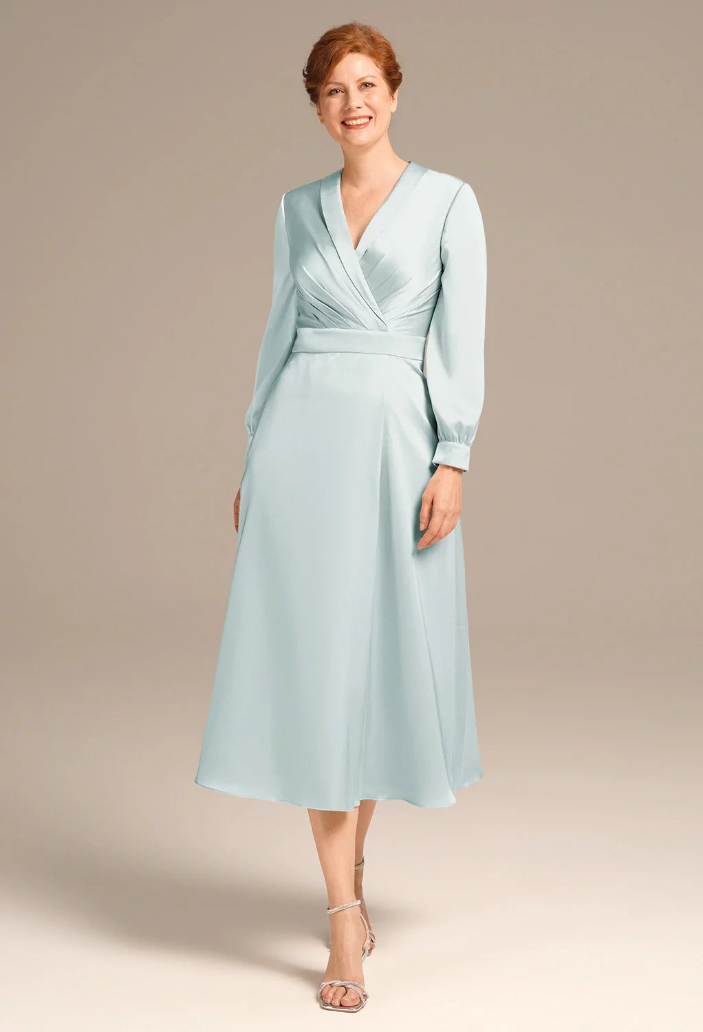 Elegant A-Line V-Neck Long Sleeves Zip Back Tea-Length Mother Of The Bride Dresses