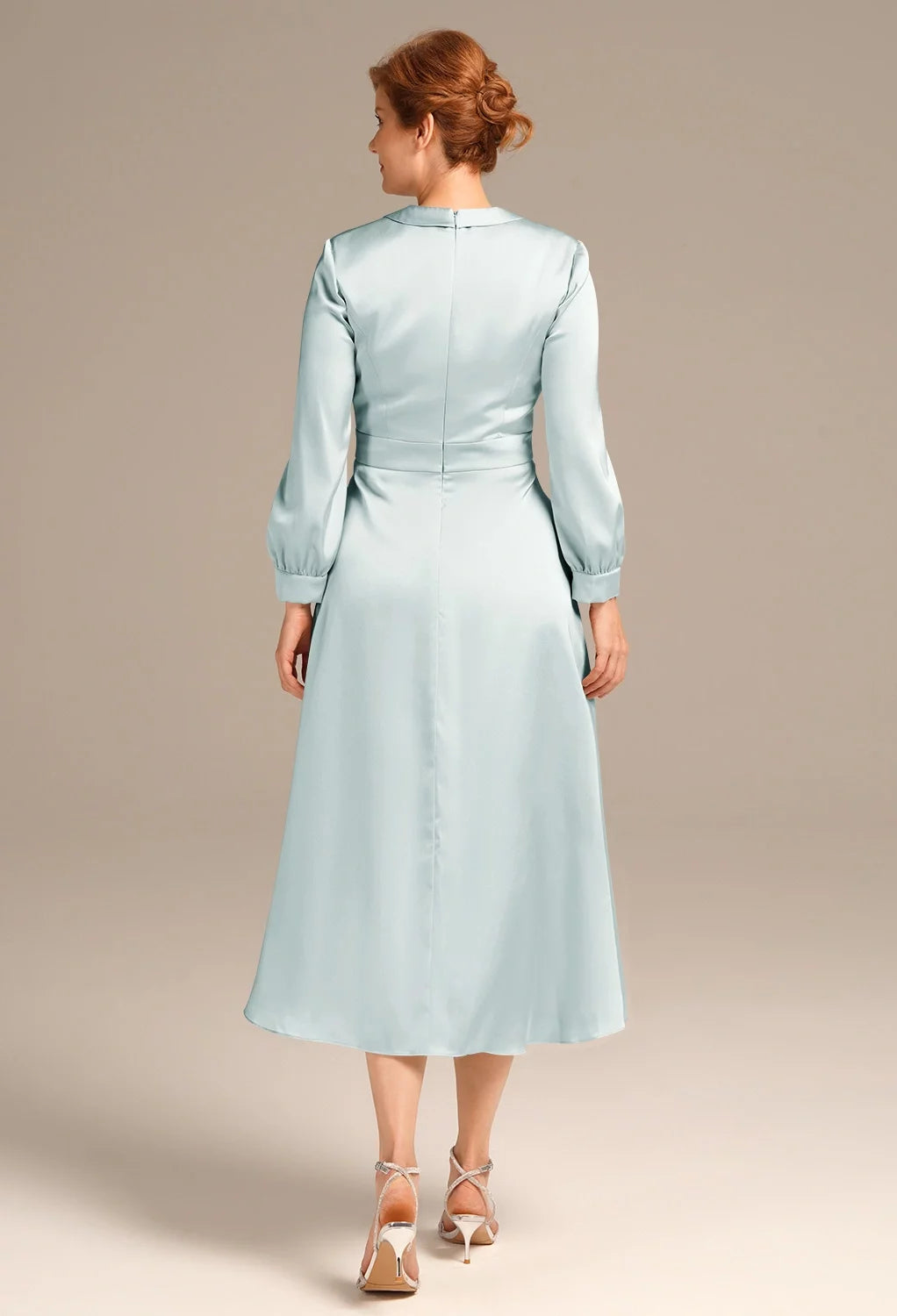 Elegant A-Line V-Neck Long Sleeves Zip Back Tea-Length Mother Of The Bride Dresses