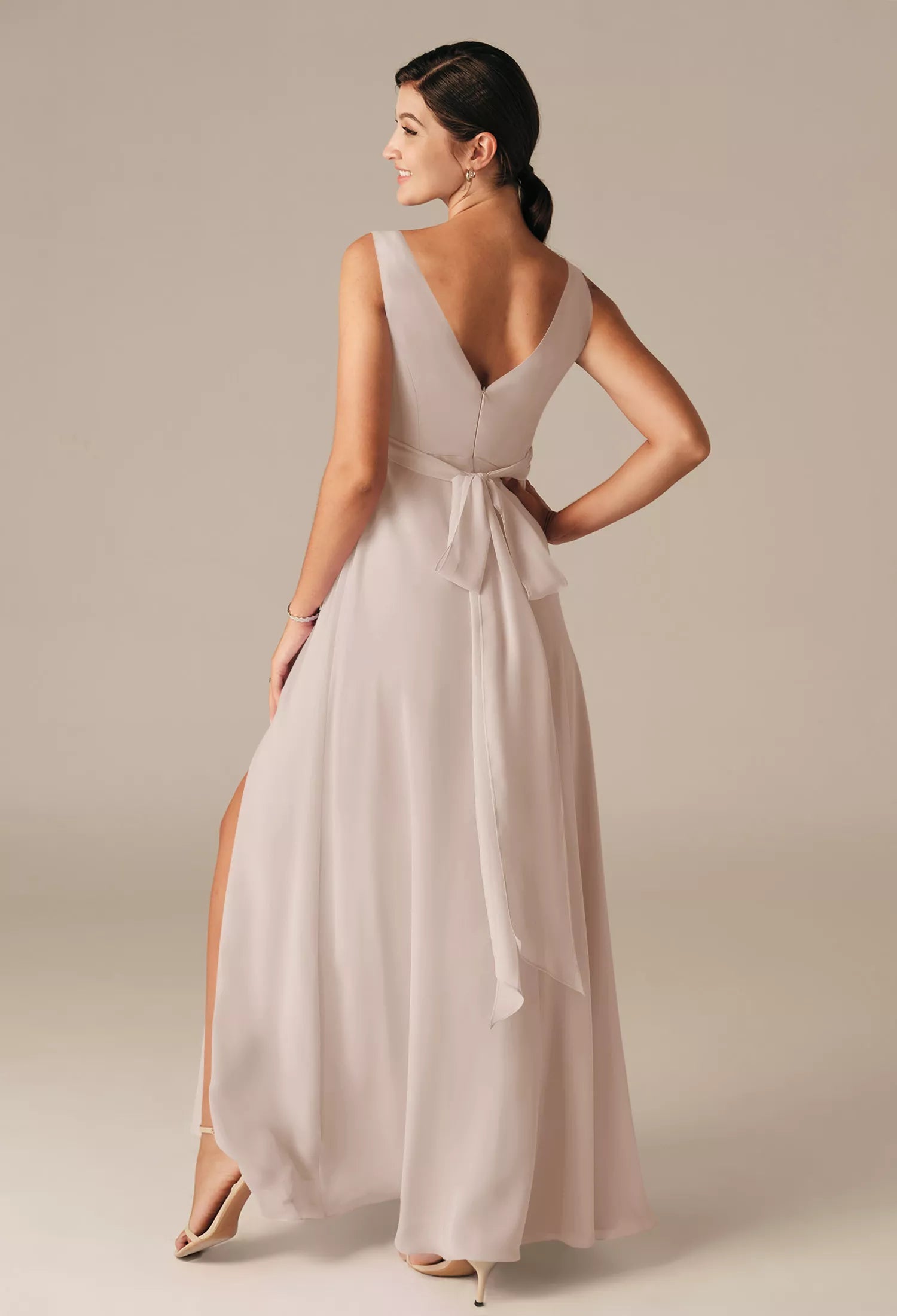 Elegant A-Line V-Neck Sleeveless Bow Back Long Floor-Length Slit Evening Dresses